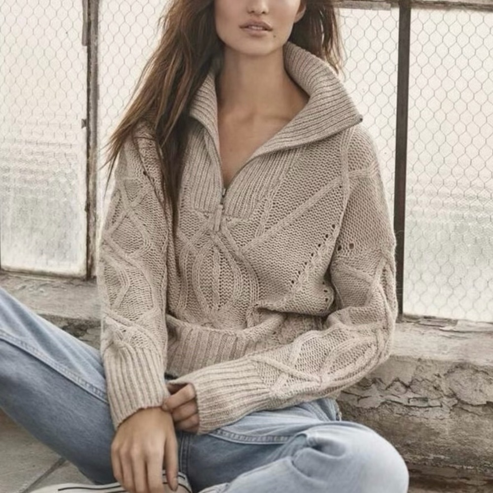 Skull Cashmere Lyndsay Cable Knit Half Zip Sweater Beige Size Medium